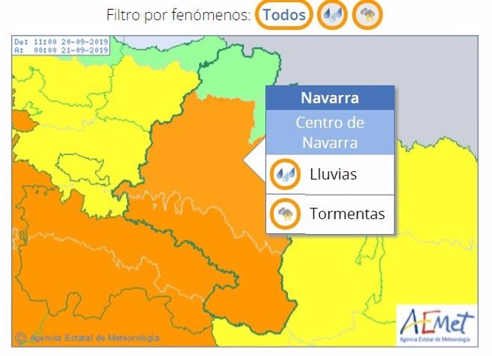 Aviso naranja en Navarra por lluvias y tormentas