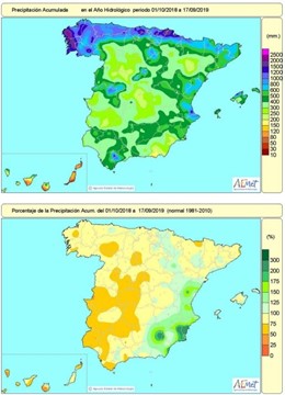 Distribución de las lluvias recogidas en España en el año hidrológico que indican una falta de precipitaciones acumulada en la mayor parte de España excepto en el sureste peninsular.