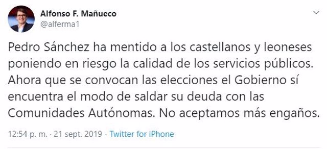 Captura de pantalla del tuit del presidente de la Junta de Castilla y León, Alfonso Fernández Mañueco.