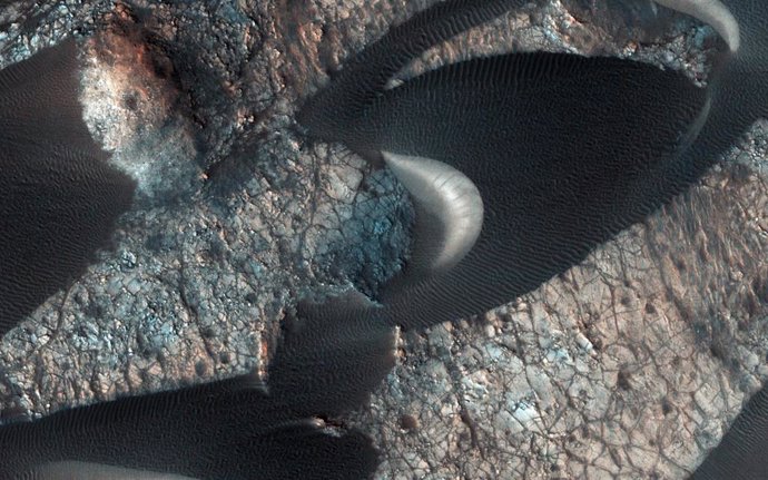 Nuevas imágenes del instrumento de imagen de alta resolución HiRISE a bordo del orbitador MRO de la NASA en Marte, revelan la capacidad erosiva del viento en la superficie del Planeta Rojo