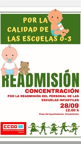 Cartel de la concentración convocada por la readmisión de las educadoras de 0 a 3 de Oviedo