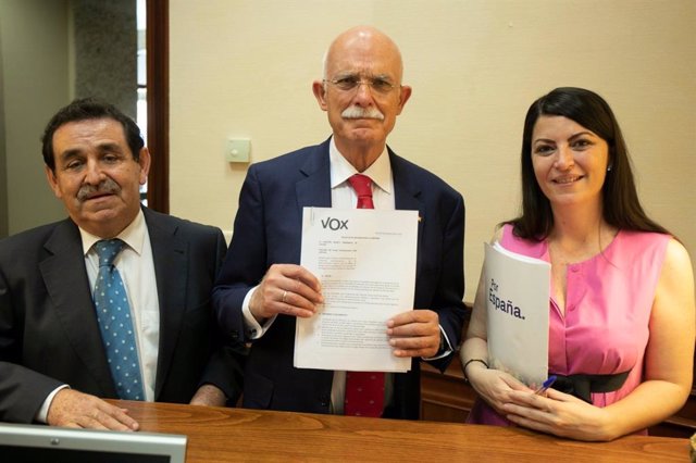 Los diputados de Vox, Manuel Mestre, Agustín Rosety y Macarena Olona, registrando una iniciativa en el Congreso.