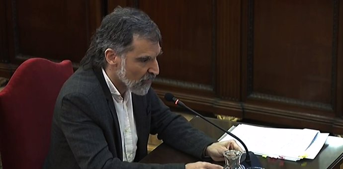 El president d'mnium Cultural, Jordi Cuixart, durant el seu interrogatori en la setena jornada del judici del Procés al Tribunal Suprem.  