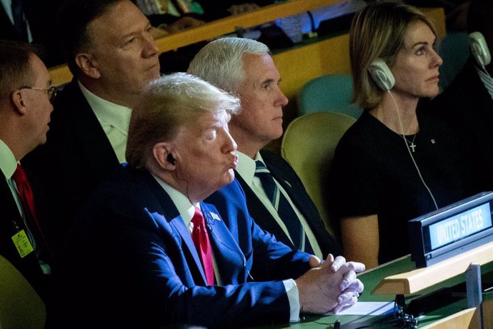 El president dels Estats Units, Donald Trump, amb el vicepresident, Mike Pence, i el secretari d'Estat, Mike Pompeo, a la Cimera del Clima de l'ONU.
