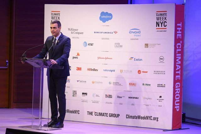 El presidente del Gobierno en funciones, Pedro Sánchez, participa en la inauguración de la Climate Week en Nueva York, en The Times Center, el lunes 23 de septiembre de 2019.