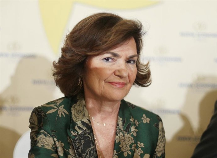 La vicepresidenta del Gobierno en funciones, Carmen Calvo, en el desayuno informativo de Nueva Economía Forum, en Madrid (España), a 23 de septiembre de 2019.