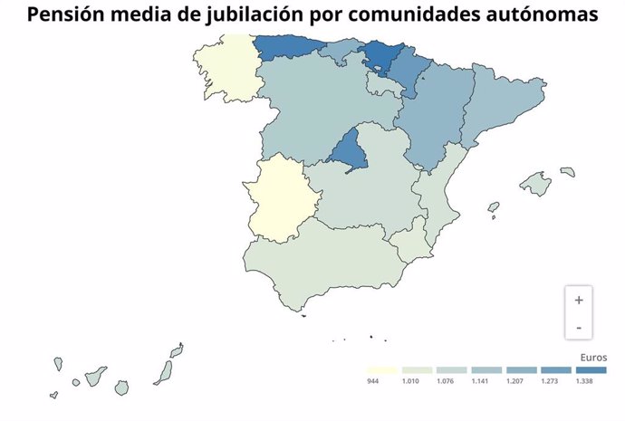 Mapa de la pensión media de jubilación por comunidades autónomas, que en Andalucía es de 1.029,33 euros.