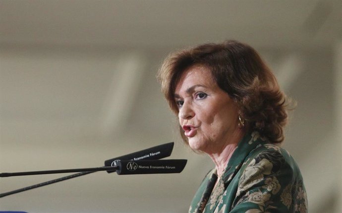 La vicepresidenta del Gobierno en funciones, Carmen Calvo, durante su intervención en el desayuno informativo de Nueva Economía Forum, en Madrid (España), a 23 de septiembre de 2019.