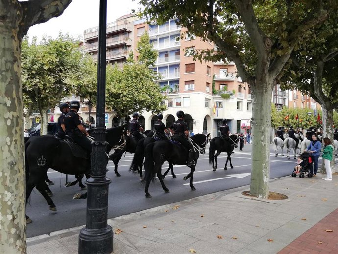 La unidad de Caballería, durante el ensayo del acto del Día de la Policía Nacional, que se celebra mañana en Logroño, presidido por el ministro de Interior en funciones