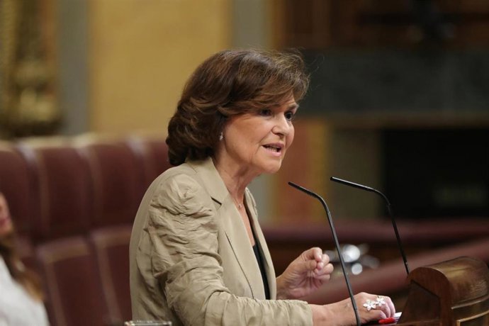 La vicepresidenta del Gobierno en funciones, Carmen Calvo, durante el Pleno extraordinario en el Congreso para tratar la gestión del 'Open Arms'