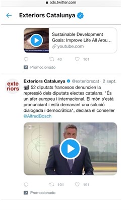 Captura de pantalla de los tuits promocionados por la Consejería de Exteriores de la Generalitat