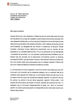 La carta del presidente de la Generalitat, Quim Torra, al presidente del Gobierno, Pedro Sánchez