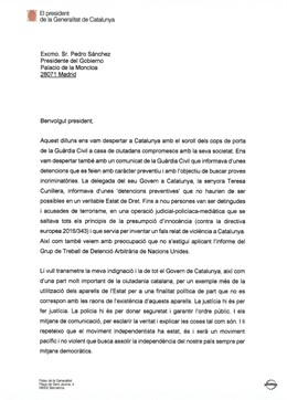 La carta del president de la Generalitat, Quim Torra, al president del Govern, Pedro Sánchez
