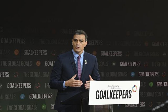 El presidente del Gobierno en funciones, Pedro Sánchez, durante su intervención en el acto Goalkeepers sobre lucha contra la desigualdad global, de la Fundación Bill y Melinda Gates, en Nueva York (EE.UU), a 25 de septiembre de 2019.