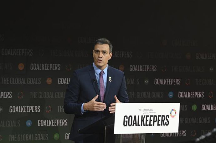 El presidente del Gobierno en funciones, Pedro Sánchez, durante su intervención en el acto Goalkeepers sobre lucha contra la desigualdad global, de la Fundación Bill y Melinda Gates, en Nueva York (EE.UU), a 25 de septiembre de 2019.