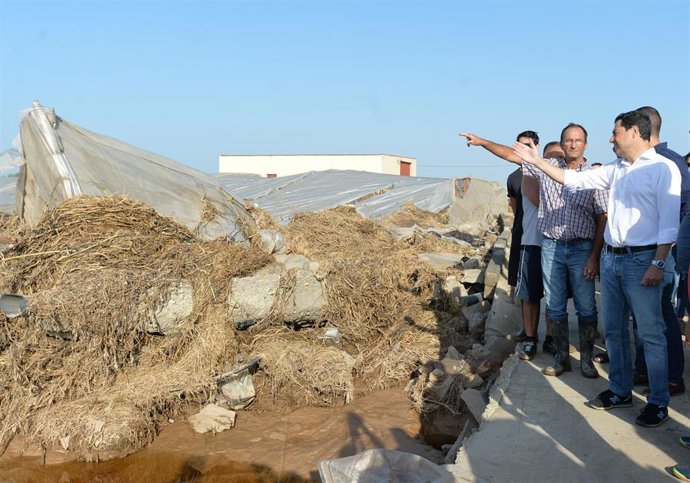El presidente de la Junta de Andalucía, Juanma Moreno (camisa blanca), ha visitado esta mañana los invernaderos de Almería, zona afectada por las fuertes lluvias de este pasado fin de semana. (Foto de archivo).