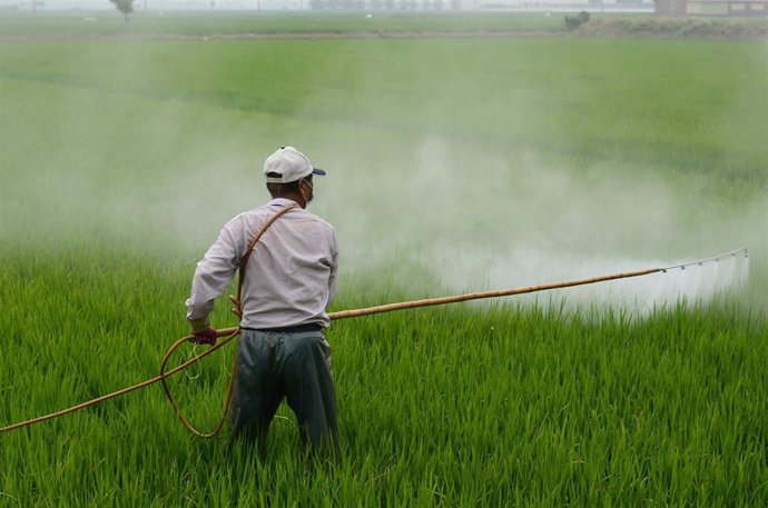 Trabajador usando pesticidas. 