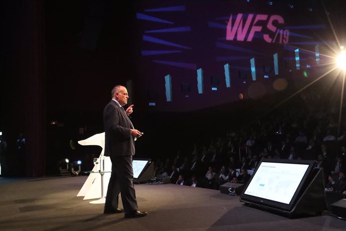 El presidente de LaLiga, Javier Tebas, durante World Football Summit 2019