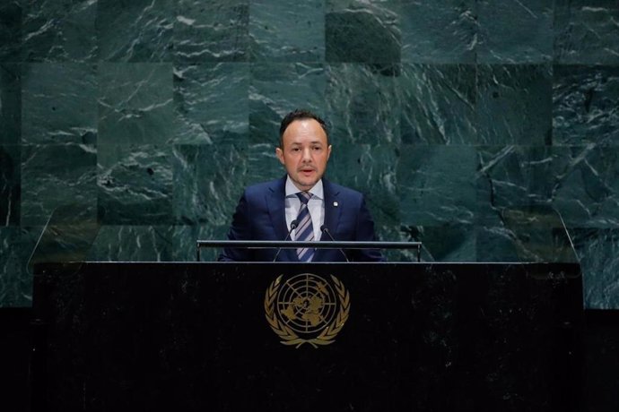 El cap de Govern d'Andorra, Xavier Espot, durant la seva intervenció en el ple de l'Assemblea General de les Nacions Unides.