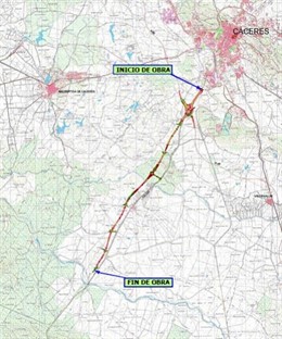 Imagen sobre el primer tramo de la autovía Cáceres-Badajoz