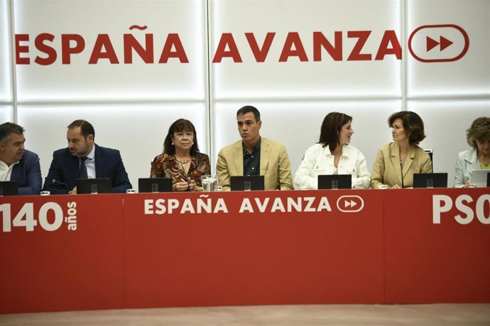 (I-D) El secretario Ejecutivo Coordinación Territorial del PSOE, Santos Cerdán; el ministro de Fomento en funciones, José Luis Ábalos; la vicepresidenta del Senado, Cristina Narbona; el presidente del gobierno en funciones y secretario general del PSOE,