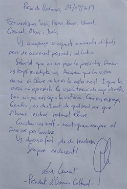 Carta de Jordi Cuixart (mnium Cultural) desde la cárcel a los CDR detenidos