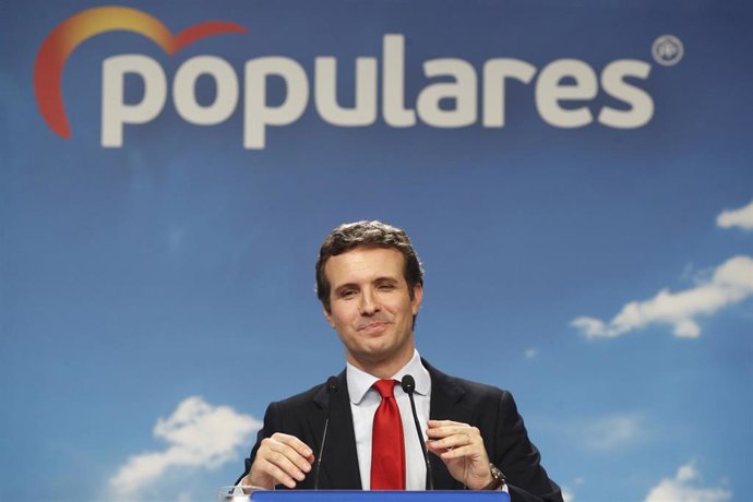 El presidente del PP,  Pablo Casado, ofrece una rueda de prensa tras la reunión de la Junta Directiva Nacional del partido en su sede, en la que se ha aprobado la nueva estructura del Partido Popular.