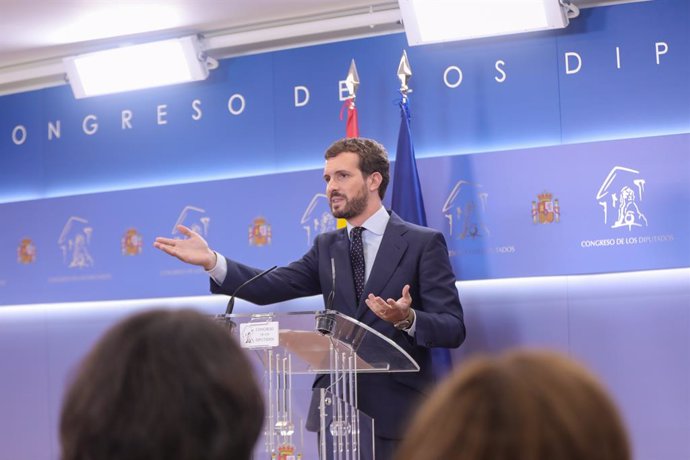 El president del PP, Pablo Casado, ofereix una roda de premsa posterior a la seva reunió amb el Rei per proposar candidat a la Presidncia del Govern, al Congrés dels Diputats, Madrid (Espanya) a 17 de setembre de 2019.
