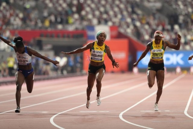 La atleta jamaicana Shelly-Ann Fraser-Pryce, en el Campeonato del Mundo al aire libre.