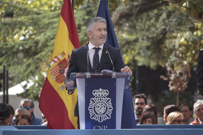 El ministre de l'Interior en funcions, Fernando Grande-Marlaska durant la seva intervenció en els actes pel Dia de la Policia, a Logronyo (Espanya), 25 de setembre del 2019.
