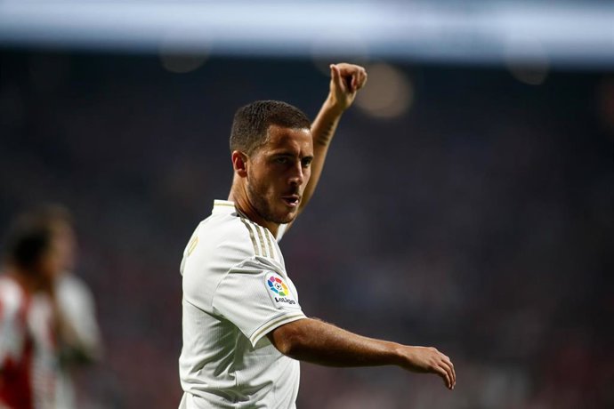 Eden Hazard of Real Madrid during the Spanish League (La Liga) football match played between Atletico de Madrid and Real Madrid at Wanda Metropolitano Stadium in Madrid, Spain, on September 28, 2019.