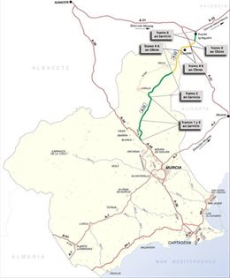 Mapa tramo de la A-33 entre los enlaces con la C-3223 en Yecla y la N-344