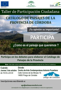 Cartel del taller de participación ciudadna del Catálogo de Paisajes  en Córdoba