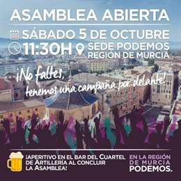 CARTEL ASAMBLEA ABIERTA PODEMOS REGIÓN DE MURCIA TRAS LA MARCHA DE URRALBURU Y GIMÉNEZ