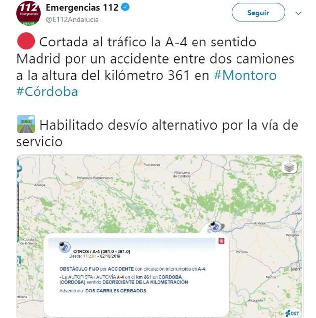 Imagenn del mensaje difundido por el 112 en su cuenta de Twitter sobre el accidente