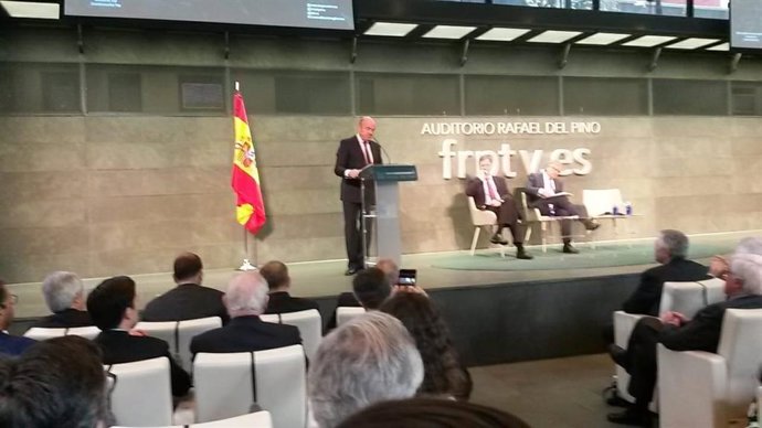 Luis de Guindos, vicepresidente del Banco Central Europeo, en su intervención en un acto organizado en Madrid por la Fundación Rafael del Pino.