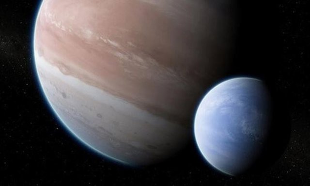 Recreación de Kepler-1625b y su posible luna gigante