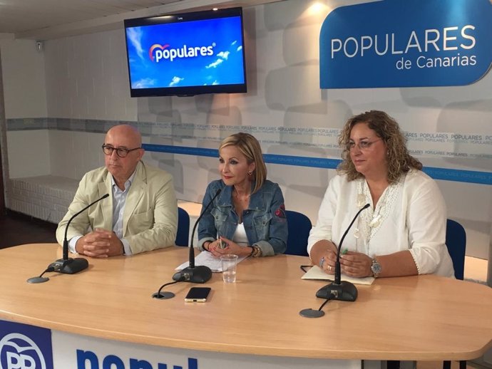 La presidenta del PP de Canarias, Australia Navarro, en rueda de prensa (en el centro)