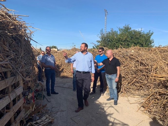 El concjeal José Guillén junto a las cañas extraídas del río Segura tras la DANA