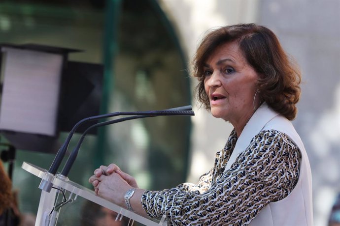 La vicepresidenta del Govern central, Carmen Calvo, en l'acte de clausura de l'aniversari dels 130 anys de la UGT a Madrid (Espanya).