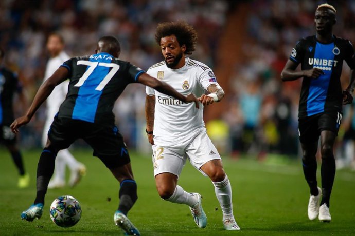 Marcelo of Real Madrid and Clinton Mata of Brujas during the UEFA Champions League football match played between Real Madrid and Club Brujas KV at Santiago Bernabeu Stadium in Madrid, Spain, on October 01, 2019.