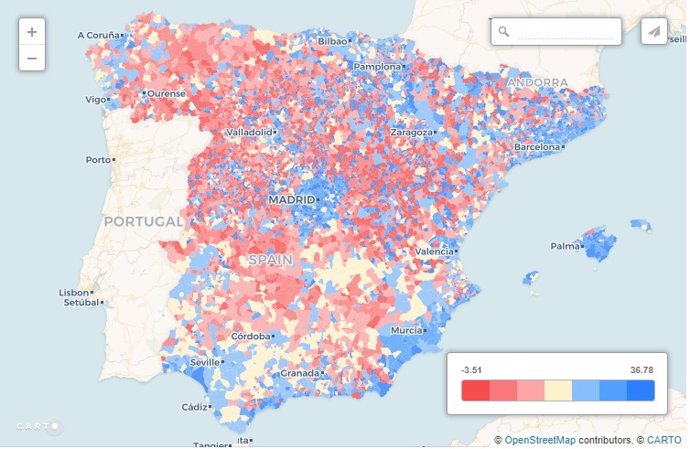 Mapa de variación de la población por municipios entre 2017 y 2018 (INE)