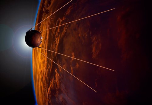 Imagen artística del Sputnik 1 en órbita sobre la Tierra.