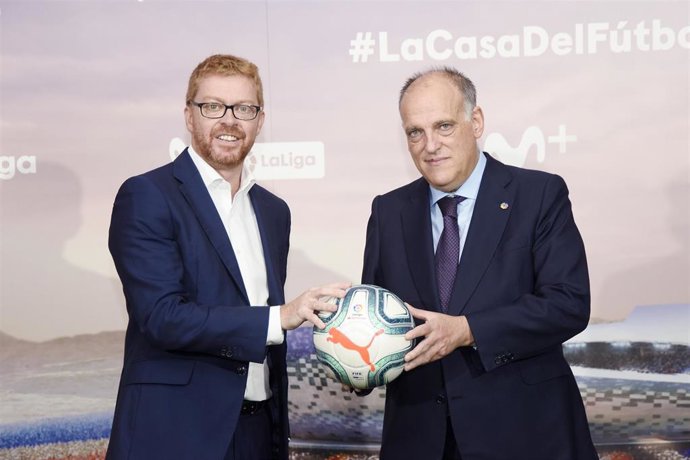 El presidente de LaLiga, Javier Tebas, en el acto de firma con Movistar
