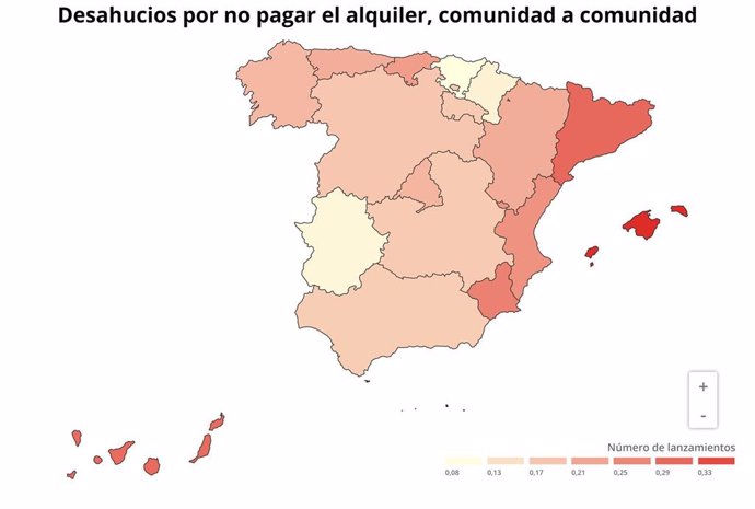 Mapa por comunidades del número de desahucios por alquiler en el segundo trimestre de 2019 (CGPJ)