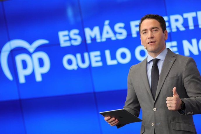 El secretario general del Partido Popular, Teodoro García Egea durante su intervención en una rueda de prensa, en la que presenta la campaña del PP de cara a las elecciones del próximo 10 de noviembre, en la sede el PP, en Madrid, a 7 de octubre de 2019.