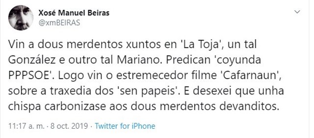 Tuit publicado por el histórico dirigente nacionalista Xosé Manuel Beiras