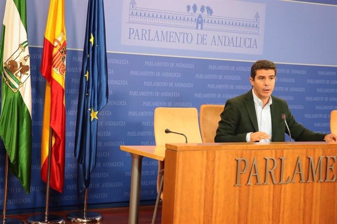 El portavoz parlamentario de Cs, Sergio Romero, en rueda de prensa.