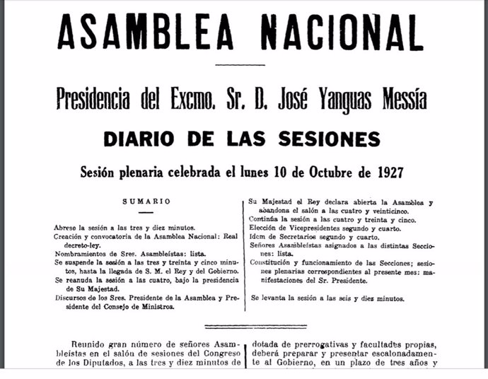 Diario de Sesiones de la sesión constitutiva de la Asamblea Nacional de Primo de Rivera. 10 de octubre de 1927.
