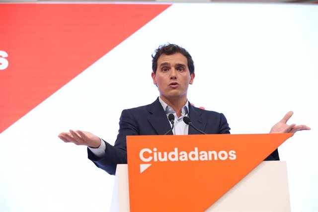 El presidente de Ciudadanos, Albert Rivera, en una rueda de prensa en la sede del partido.